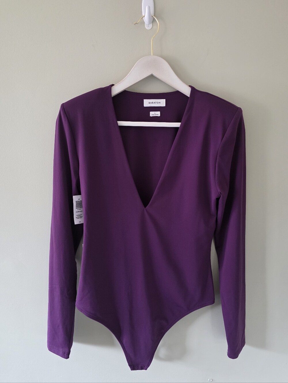 NWT Babaton L Purple Shoulder Padded Contour Bodysuit Contemporary Minimalist